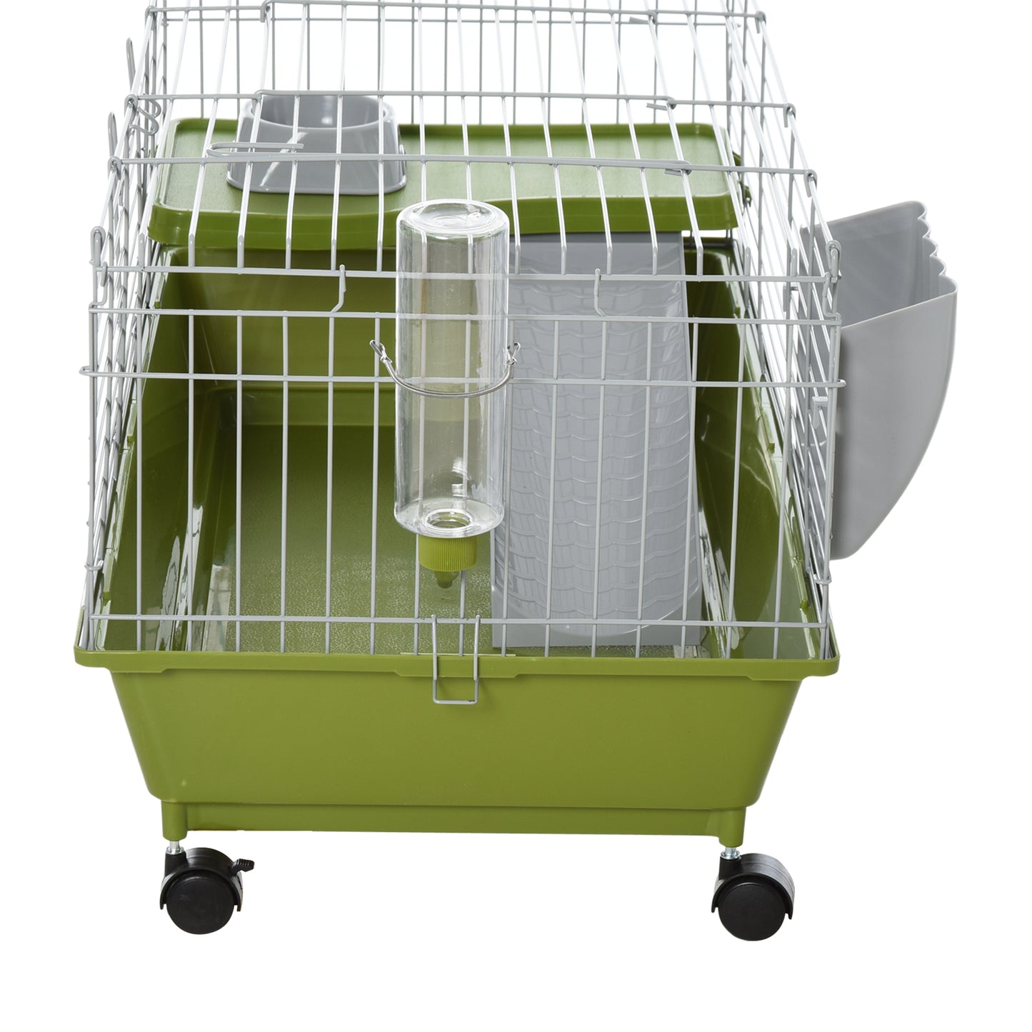 35"L Small Animal Cage, Rolling Bunny Cage, Guinea Pig Cage with Food Dish, Water Bottle, Hay Feeder, Platform, Ramp for Chinchilla, Green