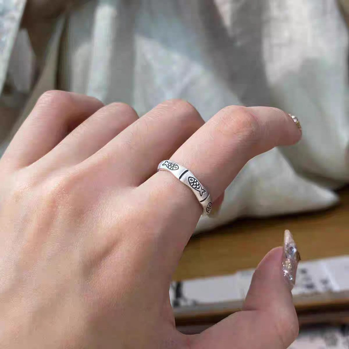 1pc 999 Sterling Silver Koi Fish & Bamboo Open Ring, Retro Lucky Style, Perfect For Daily Wear & Exam Valentine's Gift