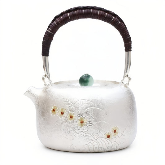 925 Sterling Silver Handcrafted Silver Tea Kettle Featuring Delicate Flower Motifs and Woven Handle - Handicraft