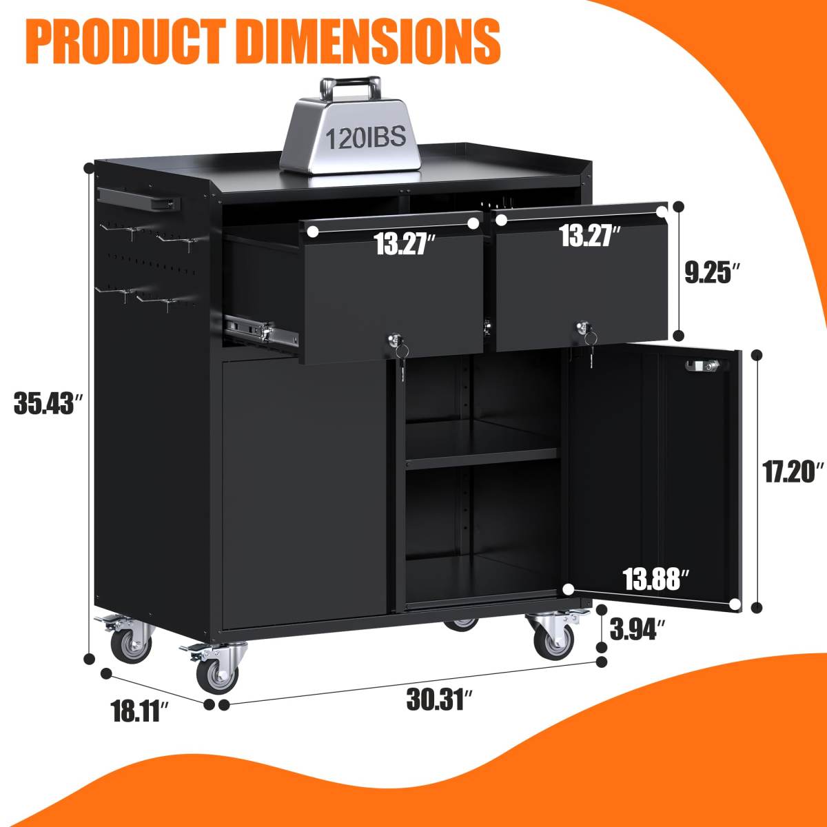 Aobabo Rolling Metal Storage Cabinet With Wheels, Heavy Duty Steel Garage Tool Cabinet With 2 Drawers, Pegboard & 4 Hooks, Lockable Mobile Organizer With Adjustable Shelves, Black, Assembly Required