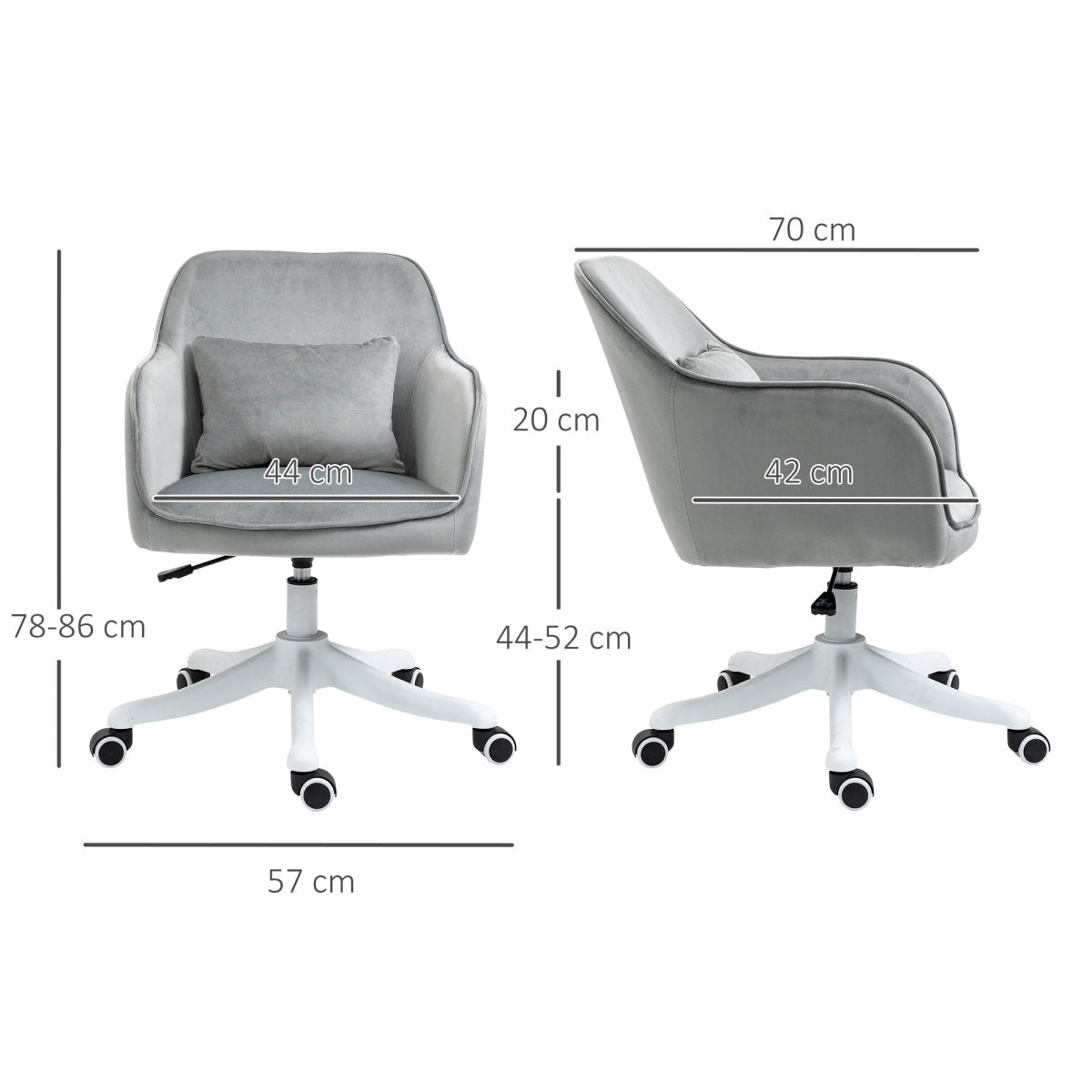Vinsetto Velvet Office Chair, Desk Chair, Makeup Vanity Chair With Massage Lumbar Pillow And Rolling Wheels For Bedroom And Home, Grey