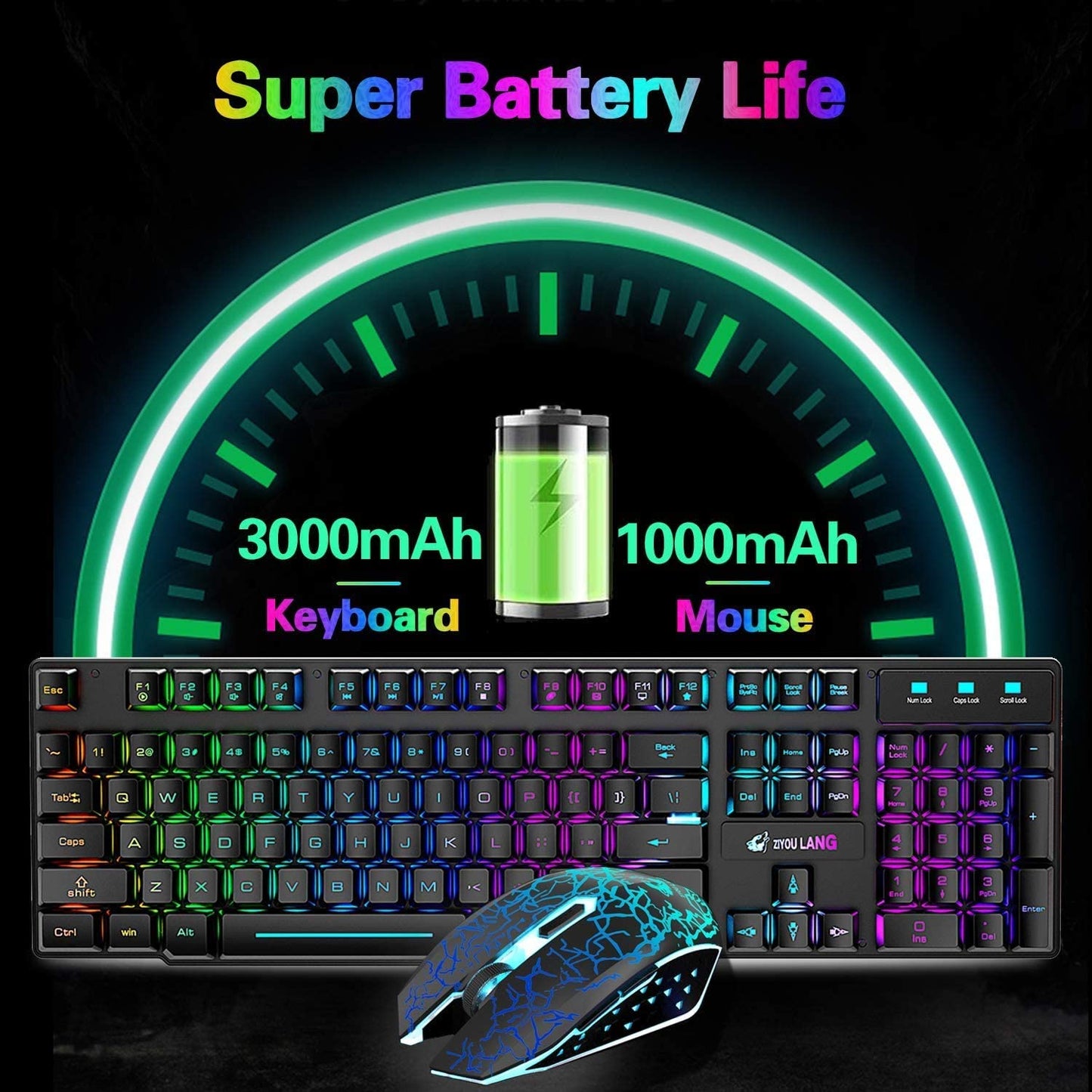 2.4G Wireless Gaming Keyboard&2400DPI Mouse Set Rainbow Backlit For Gamer Office