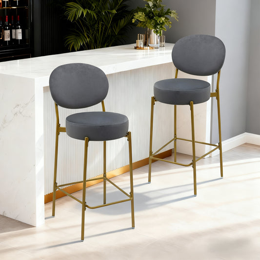Set Of 2 Velvet Upholstered Bar Stools Round Counter Stool With Backrest & Footrest Dining Chairs For Kitchen Island  Gray