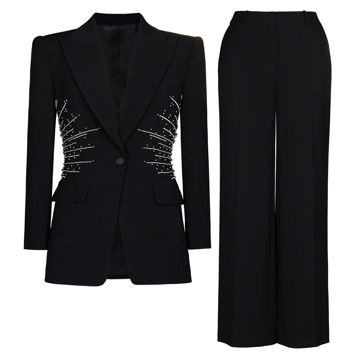 Sparkling Rhinestone Waist Decor Single Button Blazer & High Waist Wide Leg Pants 2-Piece Suit Set