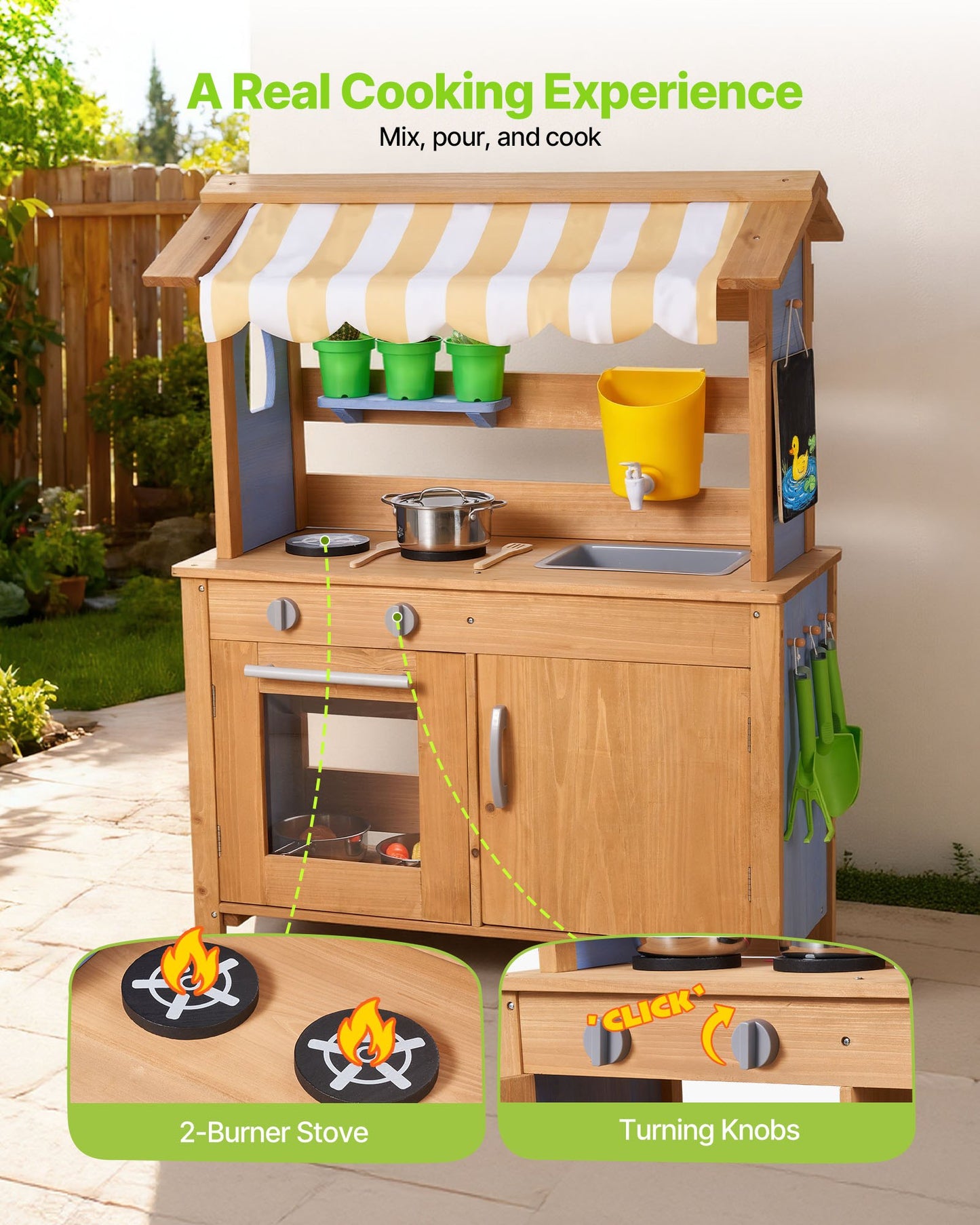 Mud Kitchen, Outdoor Mud Kitchen For Kids, Wood Outdoor Play Kitchens With Spoons, Sink, Tank, Sunshade Canopy, Shovels, Cookware Pots And Accessories, Wooden Play Kitchens For Home, Lawn