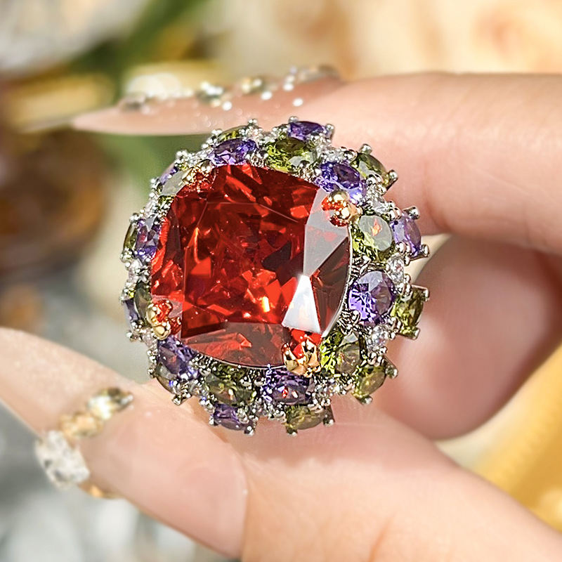 Niche Design Open Band Ring For Women, Pastel Color Series Simulated Crystal Finger Jewelry With Blush, Scarlet & Emerald Tone Stones, European American Style Accessories