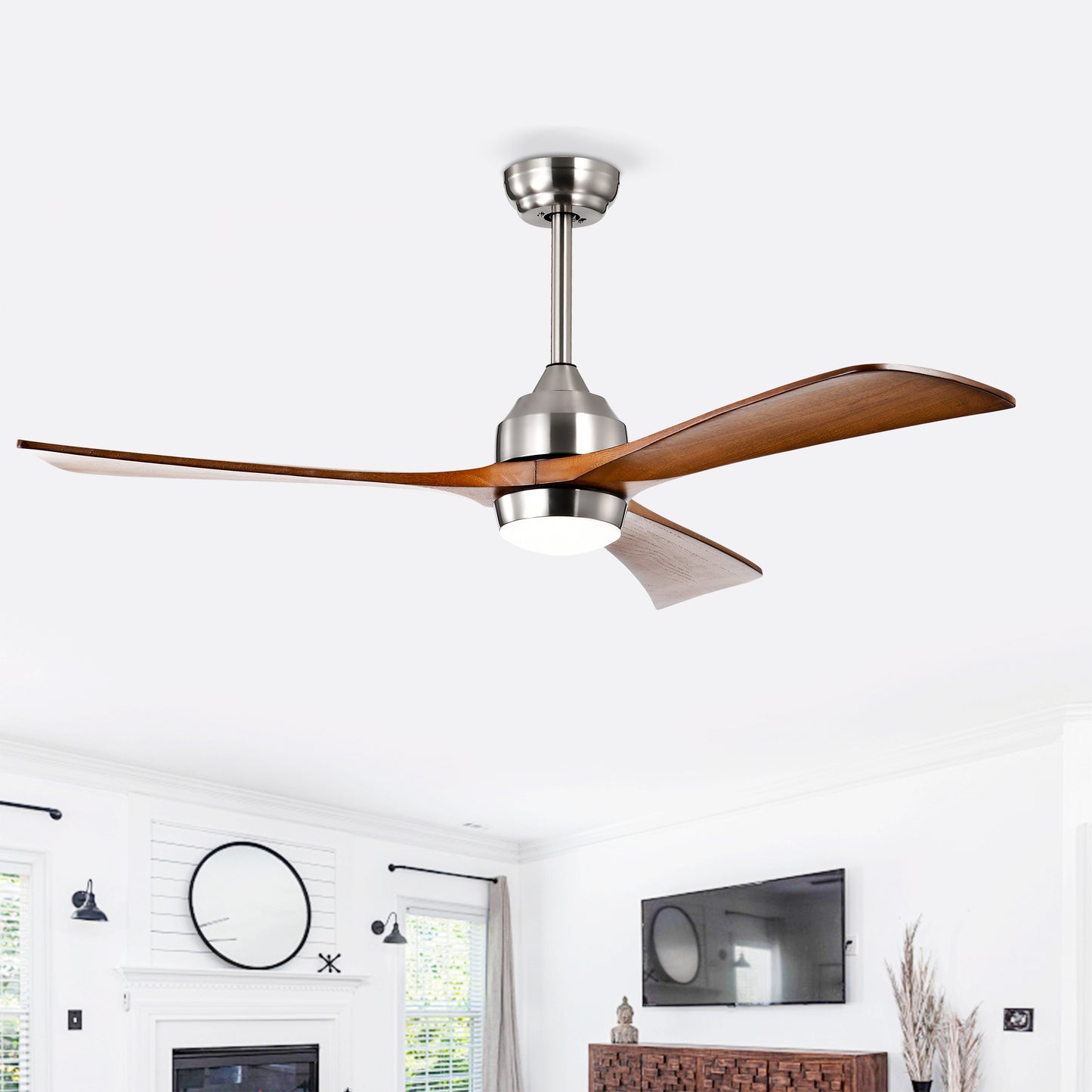 52in Solid Wood Blades Ceiling Fan With Lights Remote Control,Quiet DC Motor 3 Blade Ceiling Fans 6 Speed Levels,Reversible Ceiling Fan, For Patio Living Room, Bedroom, Office,Indoor.  Stain Nickel