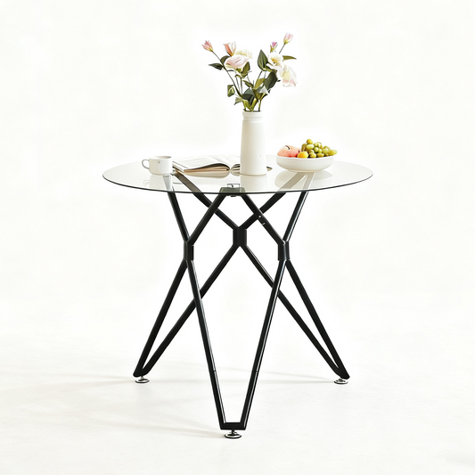 90cm Round Tempered Glass Dining Table, Suitable For 1-4 People, Space-saving Small Kitchen Table, Equipped With Sturdy Metal Legs, Suitable For Dining Room And Living Room, Black