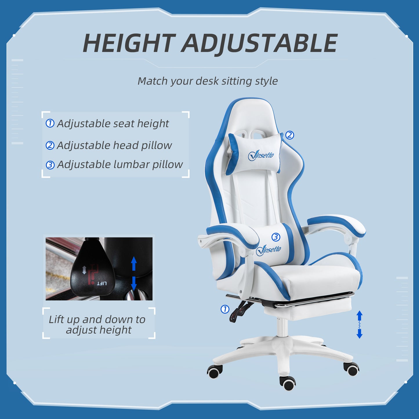 Vinsetto Computer Gaming Chair, PU Leather Office Desk Chair With Footrest, Swivel Wheels, 135° Reclining Back, Lumbar Support, Headrest For Home, White And Blue