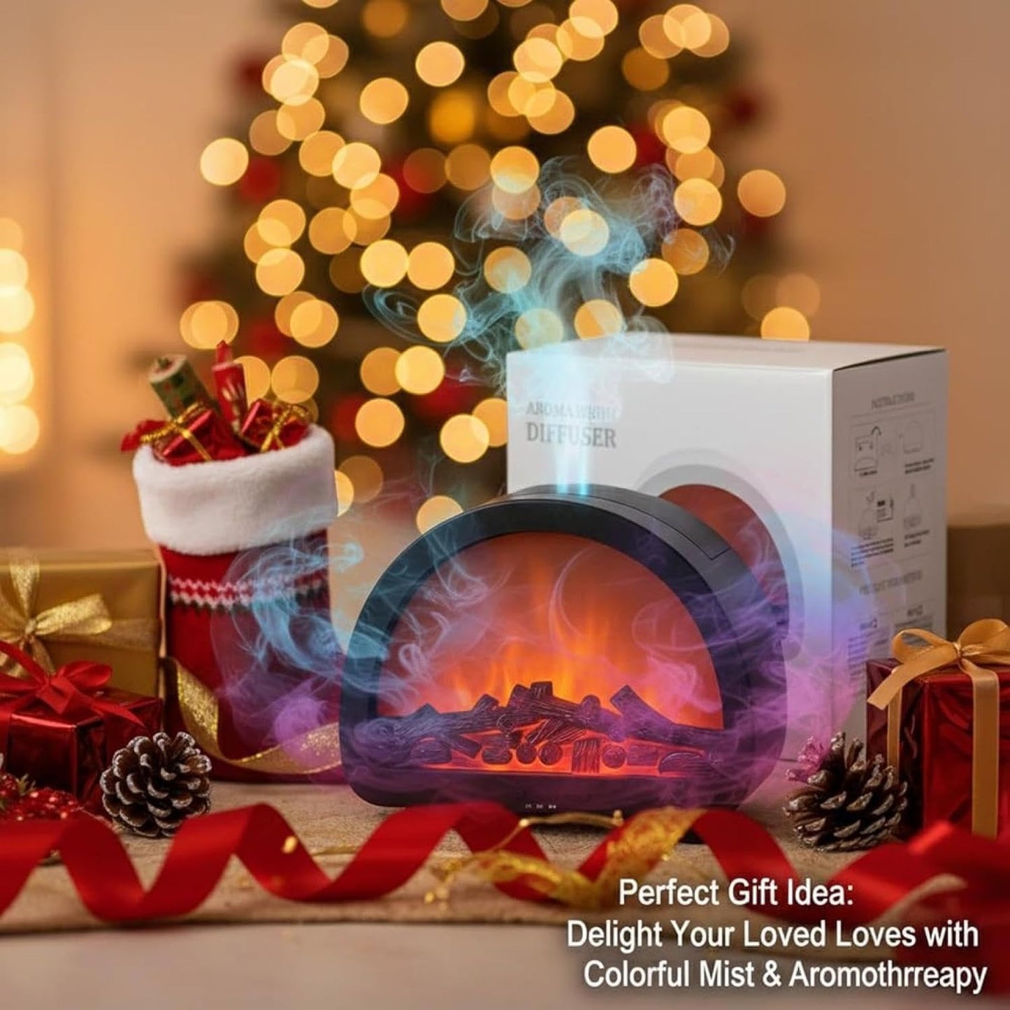 Portable Humidifier, Large Mist Volume, Fireplace Flame Aromatherapy Machine, Home Office Desk Essential Oil Automatic Fragrance Diffuser