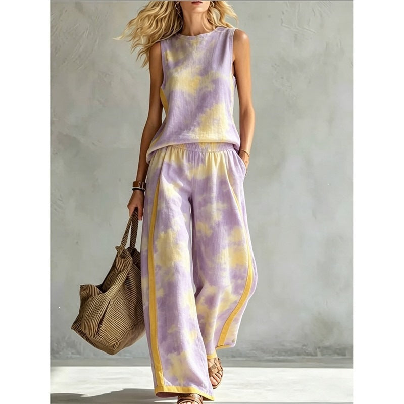 New-style Rainbow Tie-dye Sleeveless Crew-neck Top And Wide-leg Pants Womens Casual Two-piece Set