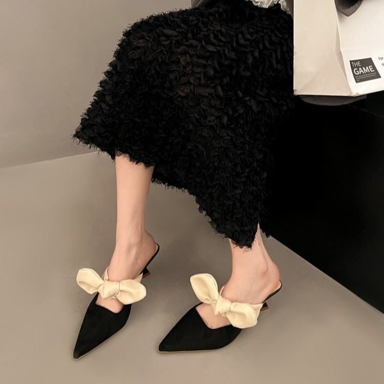 2026 New Spring Summer French Elegant Closed Toe Mules, Women Bow High Heel Slide Sandals For Outdoor Wear, Fairy Style Ladies Shoes