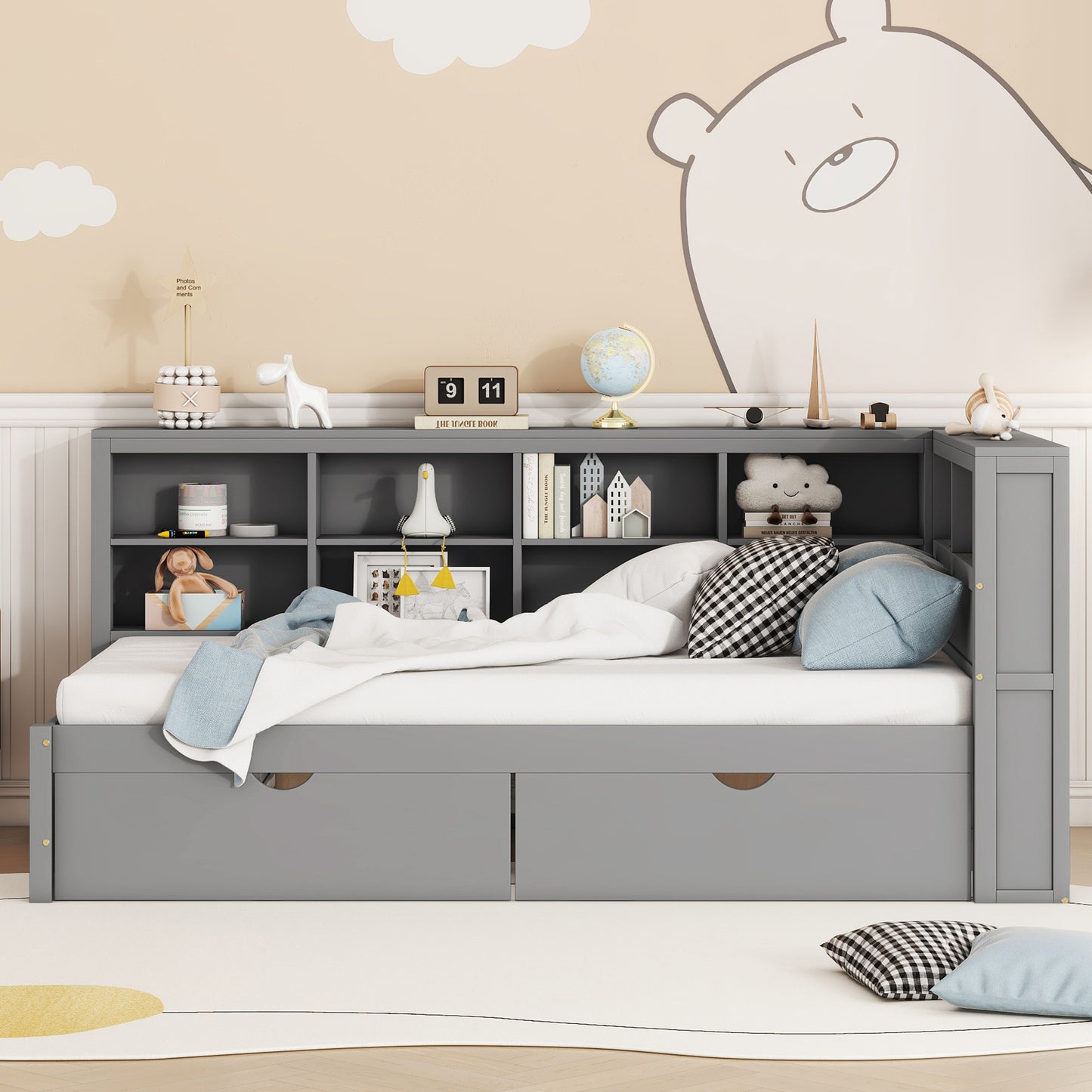 Wooden Twin Size DayBed With 2 Drawers, DayBed With Storage Shelf And USB Charging Ports,Grey OLD