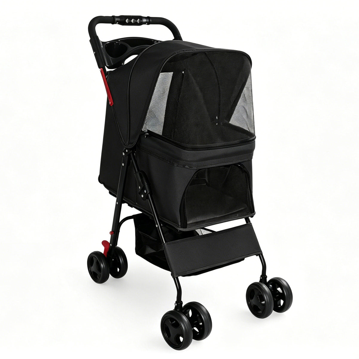 Foldable Pet Stroller for Small Dogs and Cats Under 28 lbs with Multi-Functional Tray, 2 Safety Leashes, Storage Basket & Breathable Mesh, 4 Wheels Pet Stroller, Black