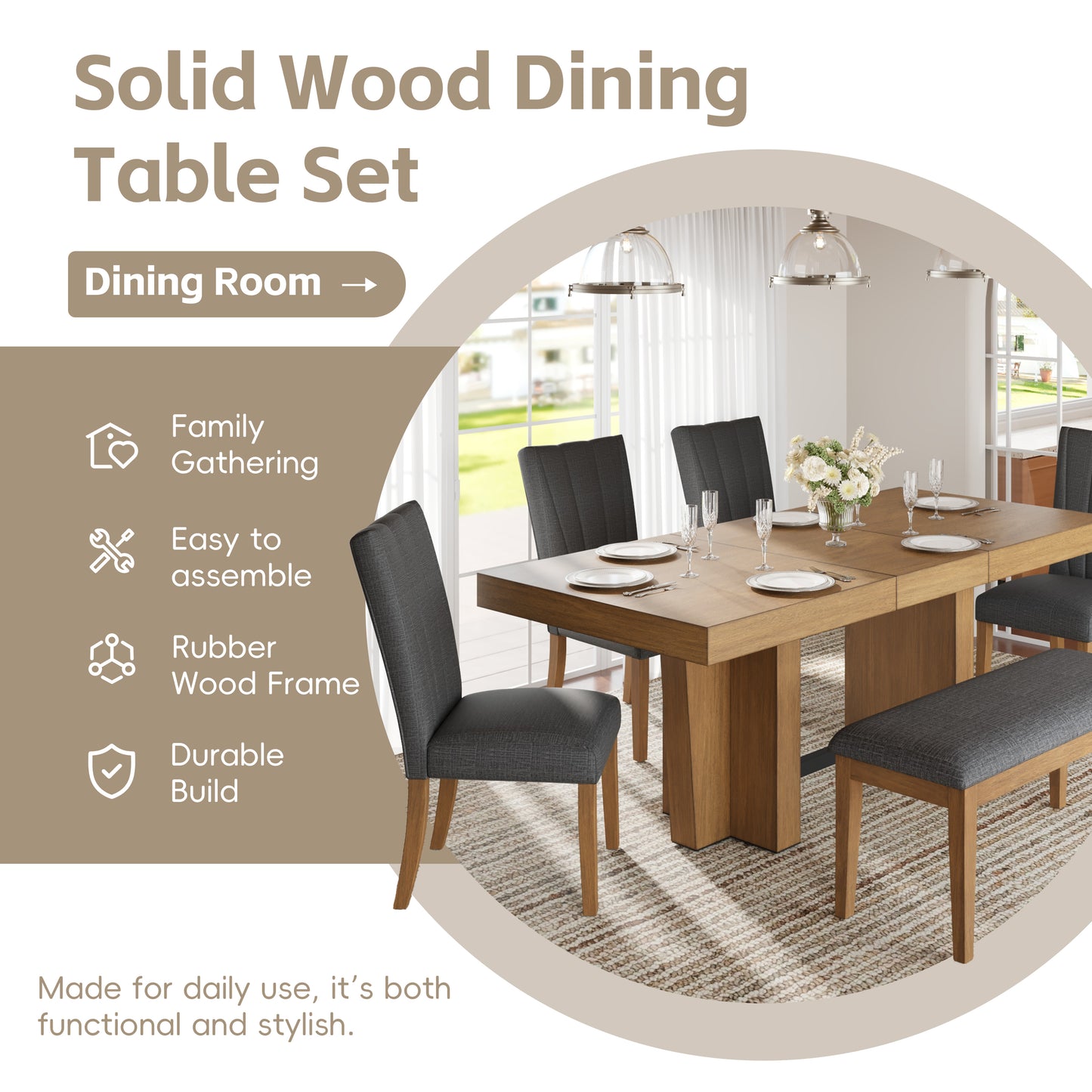 TOPMAX Farmhouse 78.1inch Extendable Wood Dining Table Set For 6, Kitchen Table Set With Bench And 4 Upholstered Chairs,3.8inch Thick Tabletop And Trestle Legs For Kitchen, Dining Room, Brown Gray