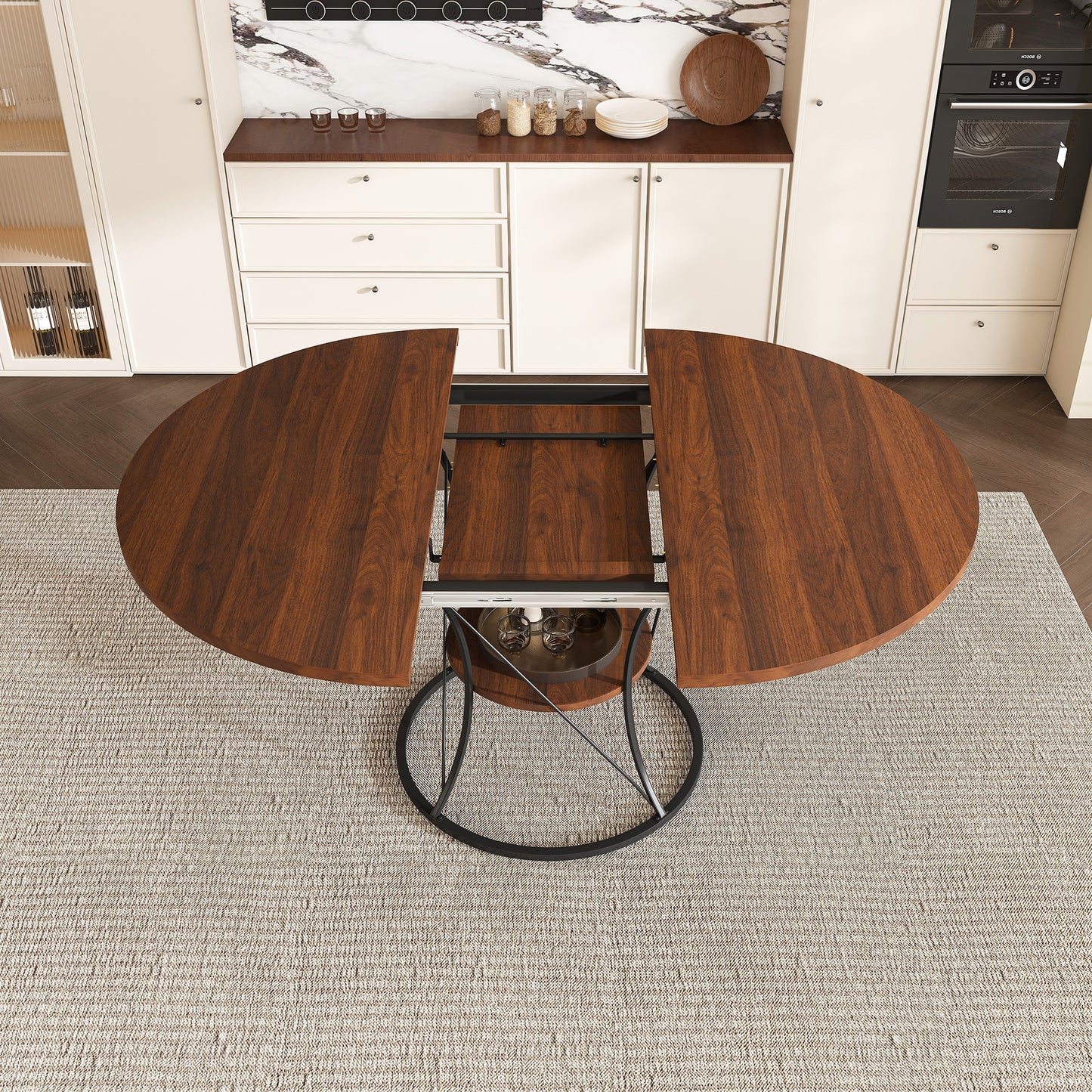 43 Inch Round Dining Table For 4-6  Expandable Farmhouse Kitchen Table With Storage Shelf & Metal Base  Brown & Black Extendable Wood Table From 43 To 59 Inch  Large Round Table For Home  No Chairs
