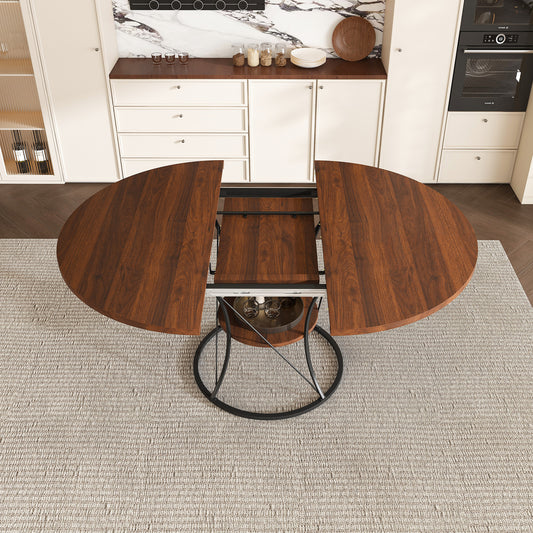 43 Inch Round Dining Table For 4-6  Expandable Farmhouse Kitchen Table With Storage Shelf & Metal Base  Brown & Black Extendable Wood Table From 43 To 59 Inch  Large Round Table For Home  No Chairs