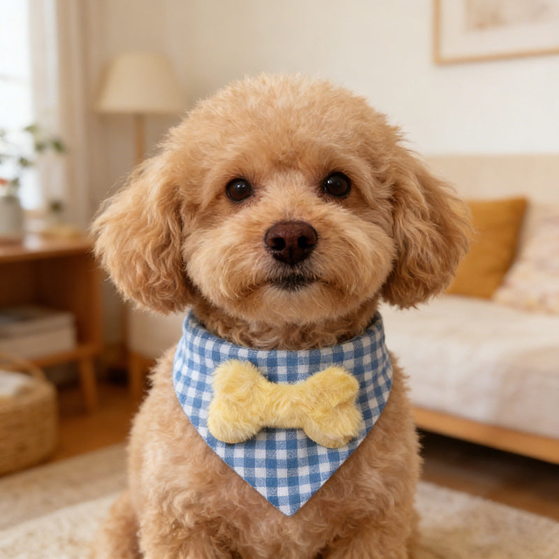Pet Plaid Plush Bone Bow Saliva Towel