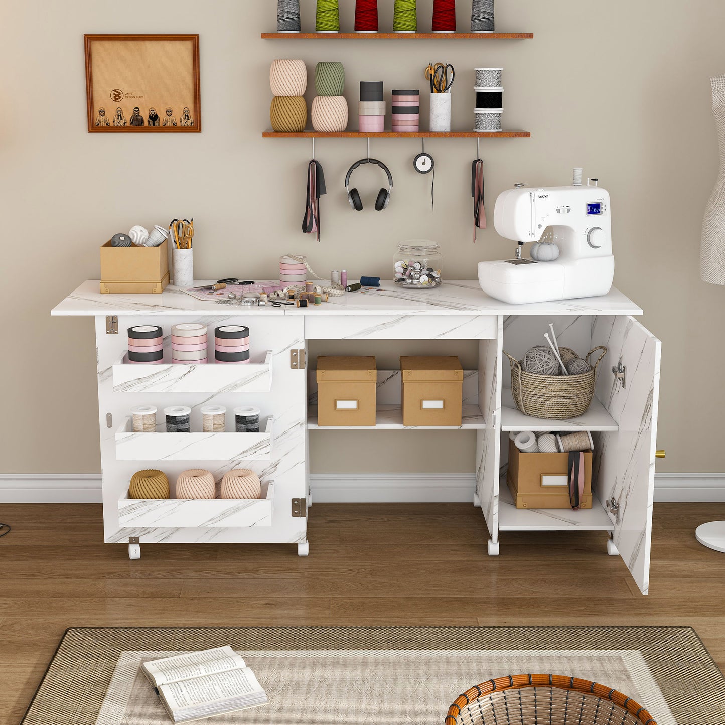 57.5 Foldable Sewing Machine Table With Locking Casters  Multi-Storage Craft Station With Shelves  Bins & Cabinet  Adjustable Sewing Cabinet For Home  Bedroom  And Craft Room White
