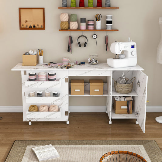 57.5 Foldable Sewing Machine Table With Locking Casters  Multi-Storage Craft Station With Shelves  Bins & Cabinet  Adjustable Sewing Cabinet For Home  Bedroom  And Craft Room White