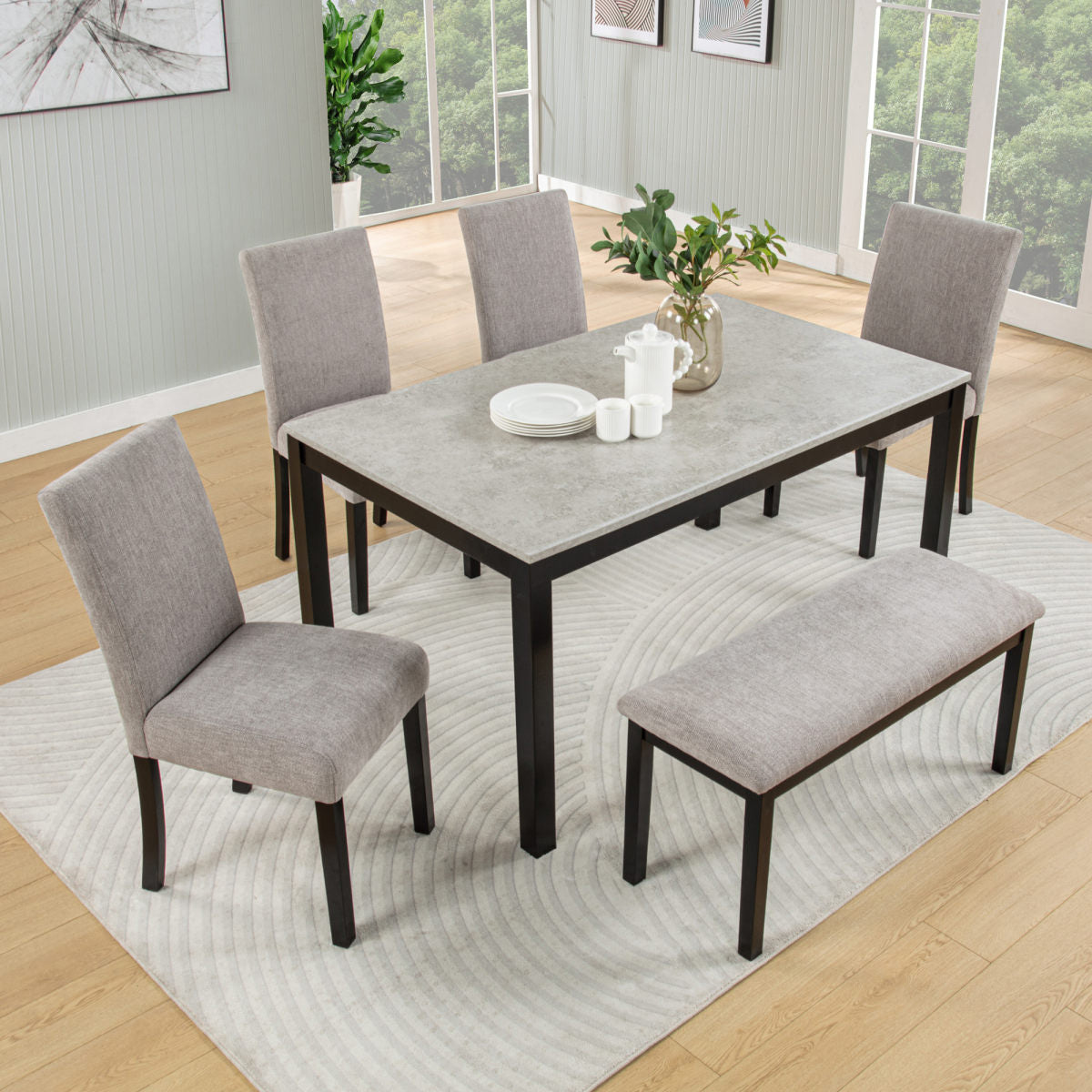 6-Piece Dining Table Set with Bench, Solid Wood Kitchen Table with Concrete-Effect Melamine Tabletop and 4 Upholstered Chairs for Dining Room, Kitchen, Restaurant, Grey & Black