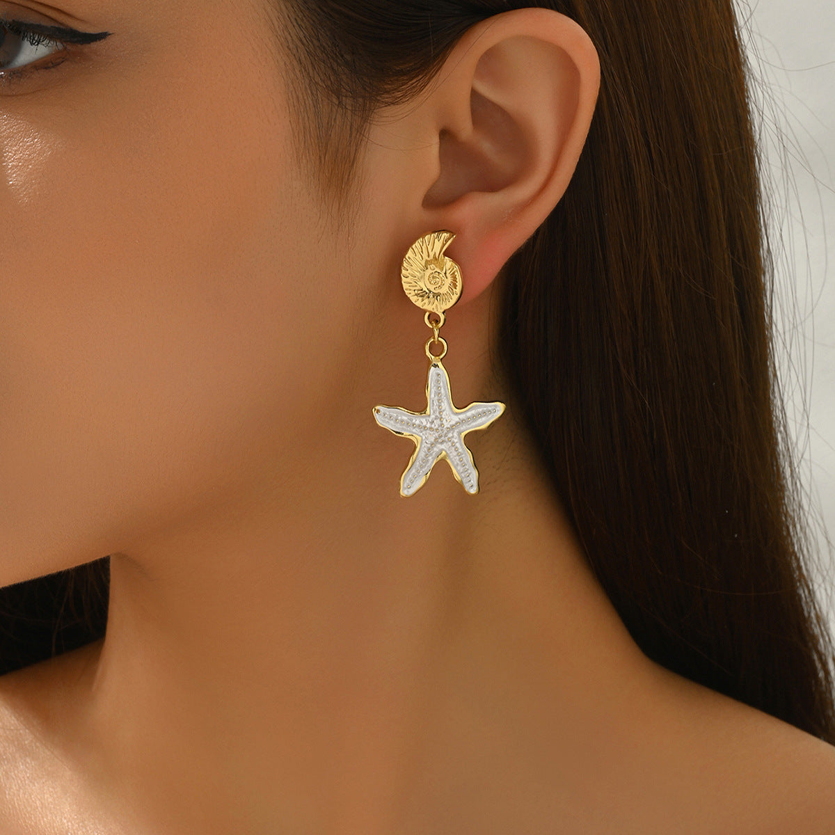 European American Cross-border Women Earrings, Geometric Oil Drip Starfish & Shell Stud Earrings, Premium Texture Versatile Ocean Style Daily Ear Accessories