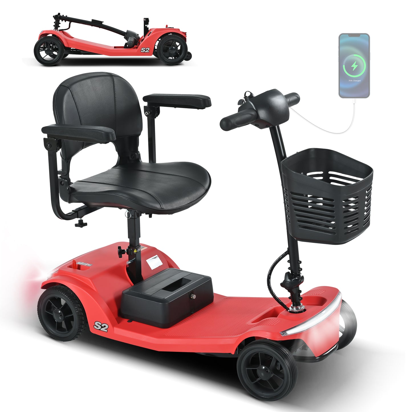 Four-wheeled Mobility Scooter For Seniors, Load Capacity 136 Kg, Speed 6 Km H, Removable Battery, USB Charging Port, No License Required  S2 RED