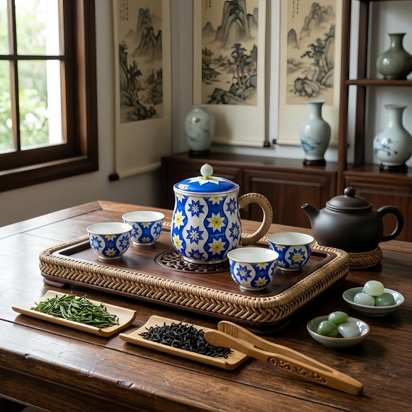 Pure 999 Fine Silver Elegant Blue-White Floral Ceramic Teacup with Woven Handle and Pearl Lid-Premium Indigo Tea Mug - Handicraft