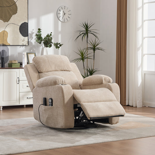 Electric 360 Swivel Recliner With Massage And Heat Function, Electrically Adjustable Backrest And Footrest, As Well As Side Storage Pockets And Cup Holders.Light Khaki