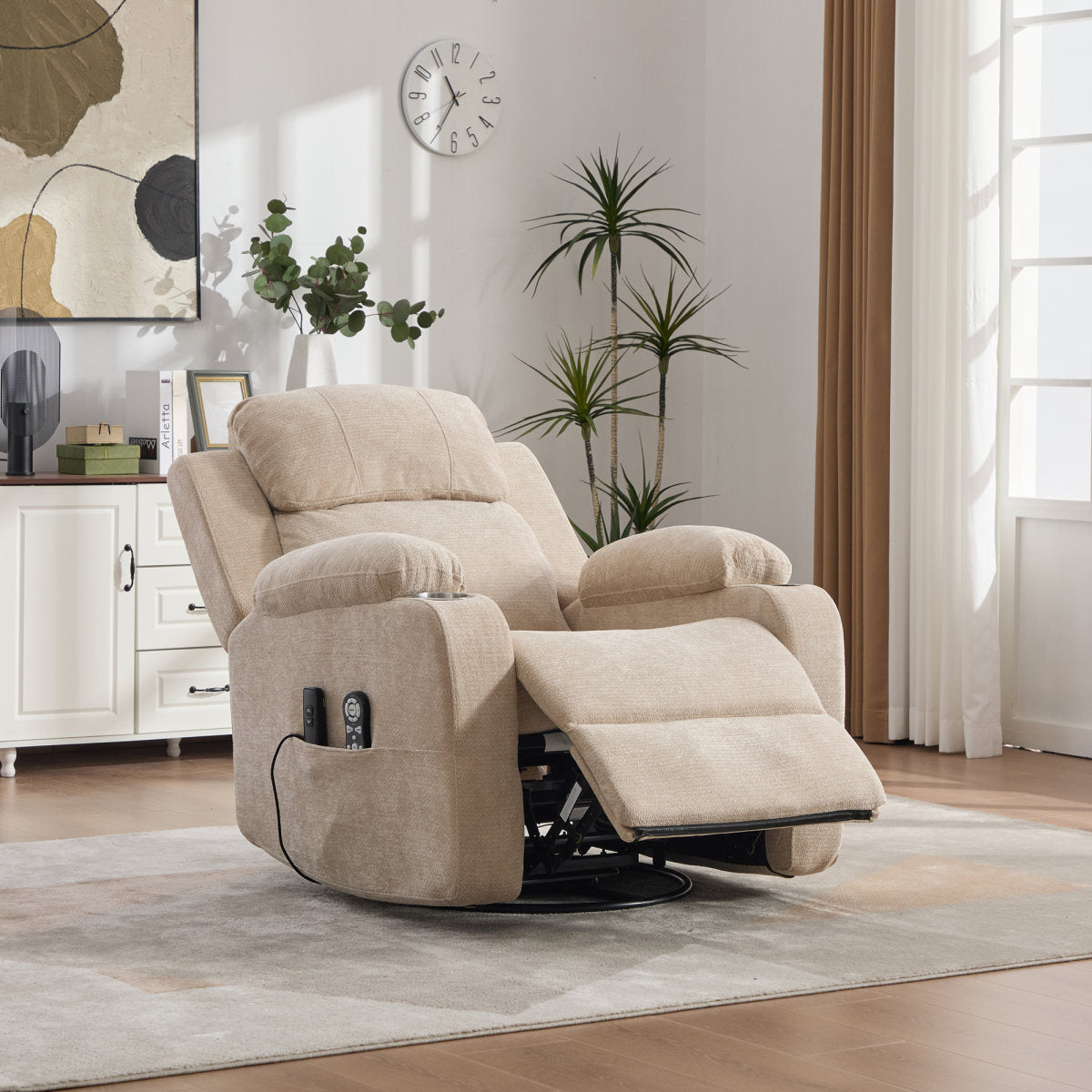 Electric 360 Swivel Recliner With Massage And Heat Function, Electrically Adjustable Backrest And Footrest, As Well As Side Storage Pockets And Cup Holders.Light Khaki