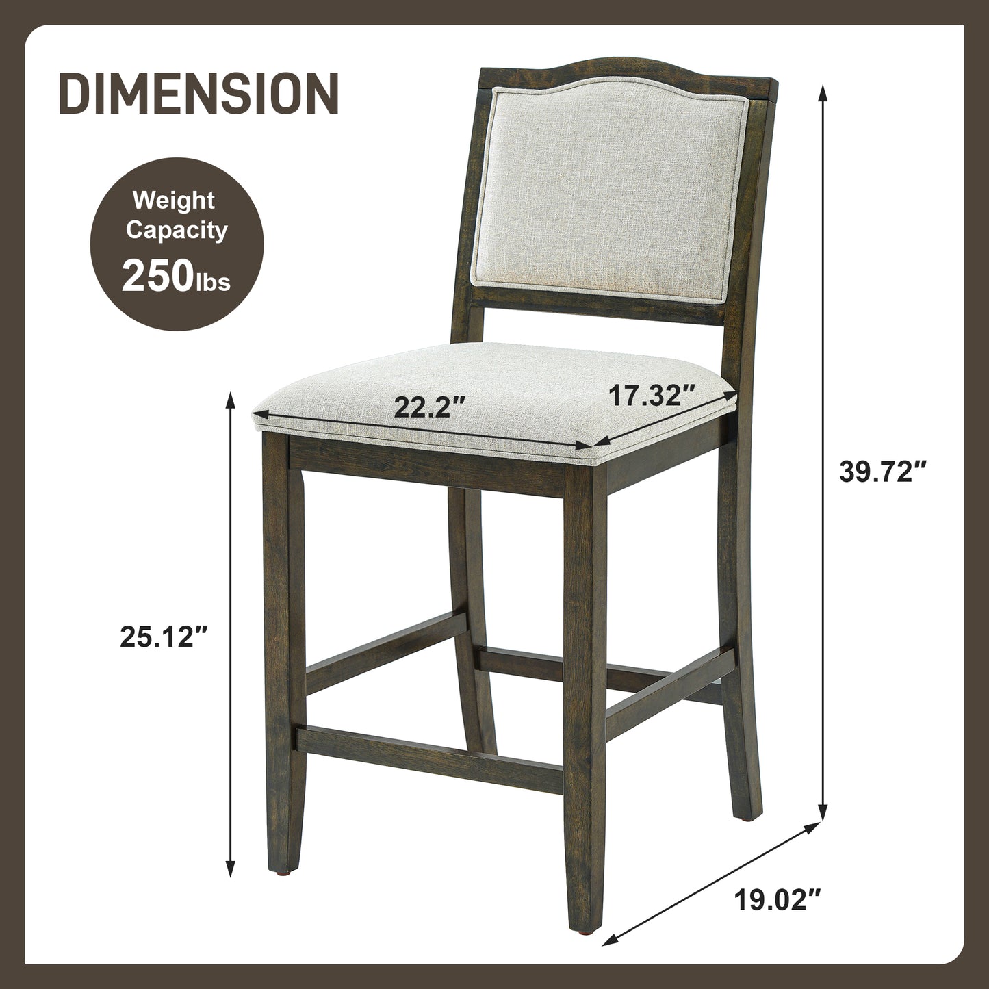 Counter Height Bar Stools Set Of 2 - Rustic 2 Pack Bar Stools With Rubber Wood Frame, Ergonomic Backrest, Versatile For Kitchen Island, Dining Room, Brown