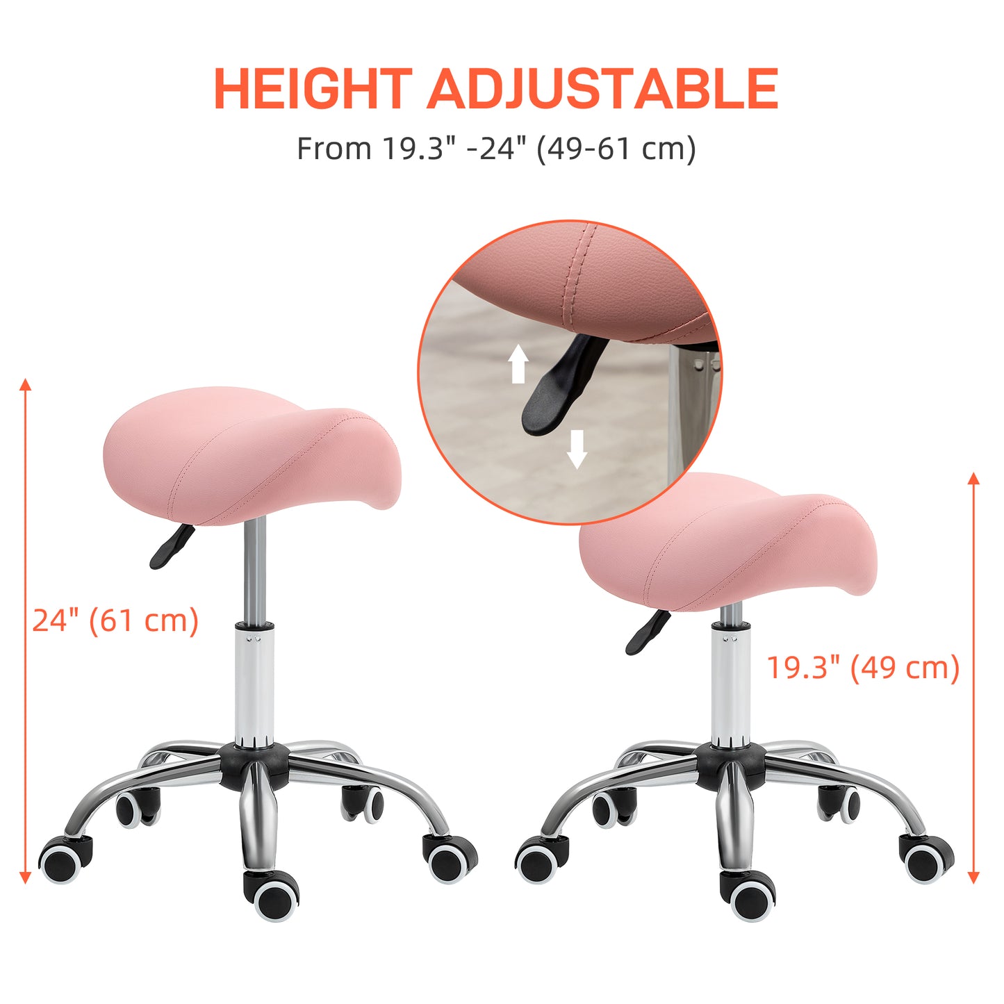 Saddle Stool, Height Adjustable Salon Chair For Massage Spa, Faux Leather, Pink