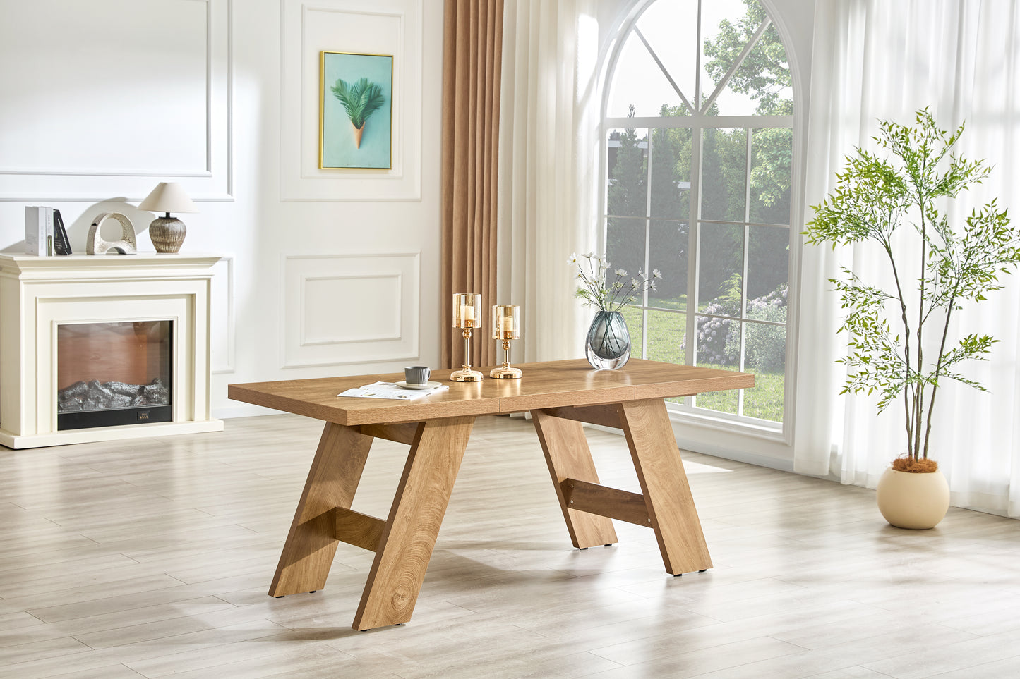 71x31.5inches Light Wood Grain MDF Splicing Rectangular Dining Table.Double-panel Outward-sloping Table Legs.Modern Dining Table For Home Use. Accommodates 6-8 People,versatile For Multiple Scenarios.