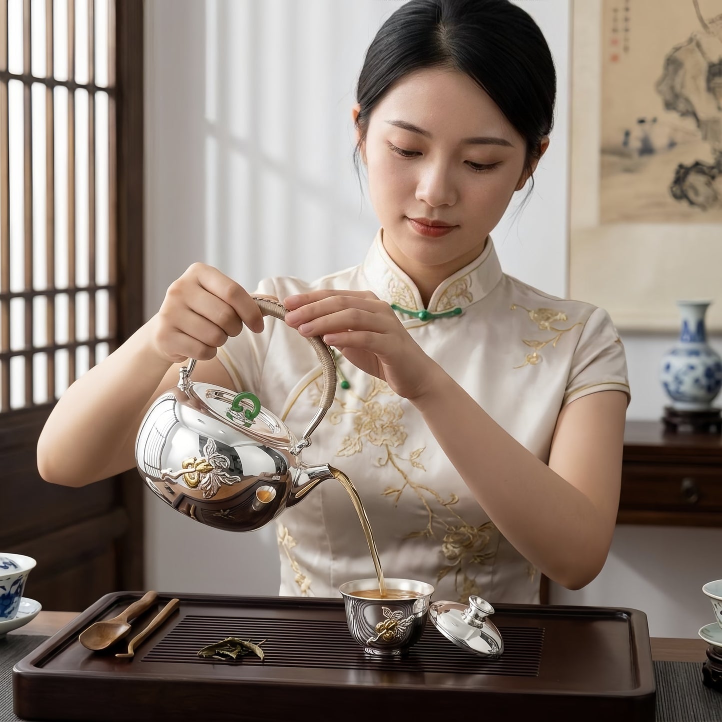 Pure 999 Fine Silver Handcrafted Silver Tea Kettle with Jade Finial and Exquisite Gilded Floral Ornamentation - Handicraft
