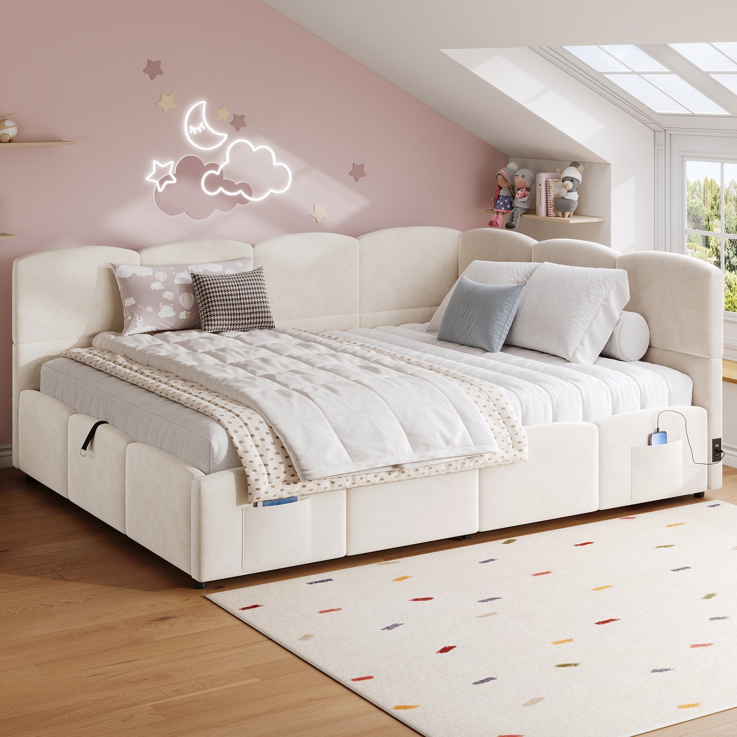 Sofa Bed, Children's Bed, Day Bed, Storage Room Bed, Sleeping Sofa 140x200 Cm, With Latte Bed, USB Charging Device, Storage Pocket, Youth Bed And Adult Children's Bed, Velvet, Beige Without Mattress