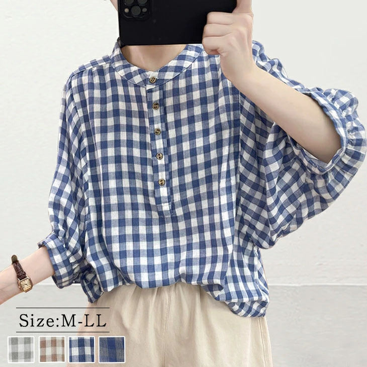 Summer Japanese-Korean Style New Thin Blue-and-white Small-check Shirt