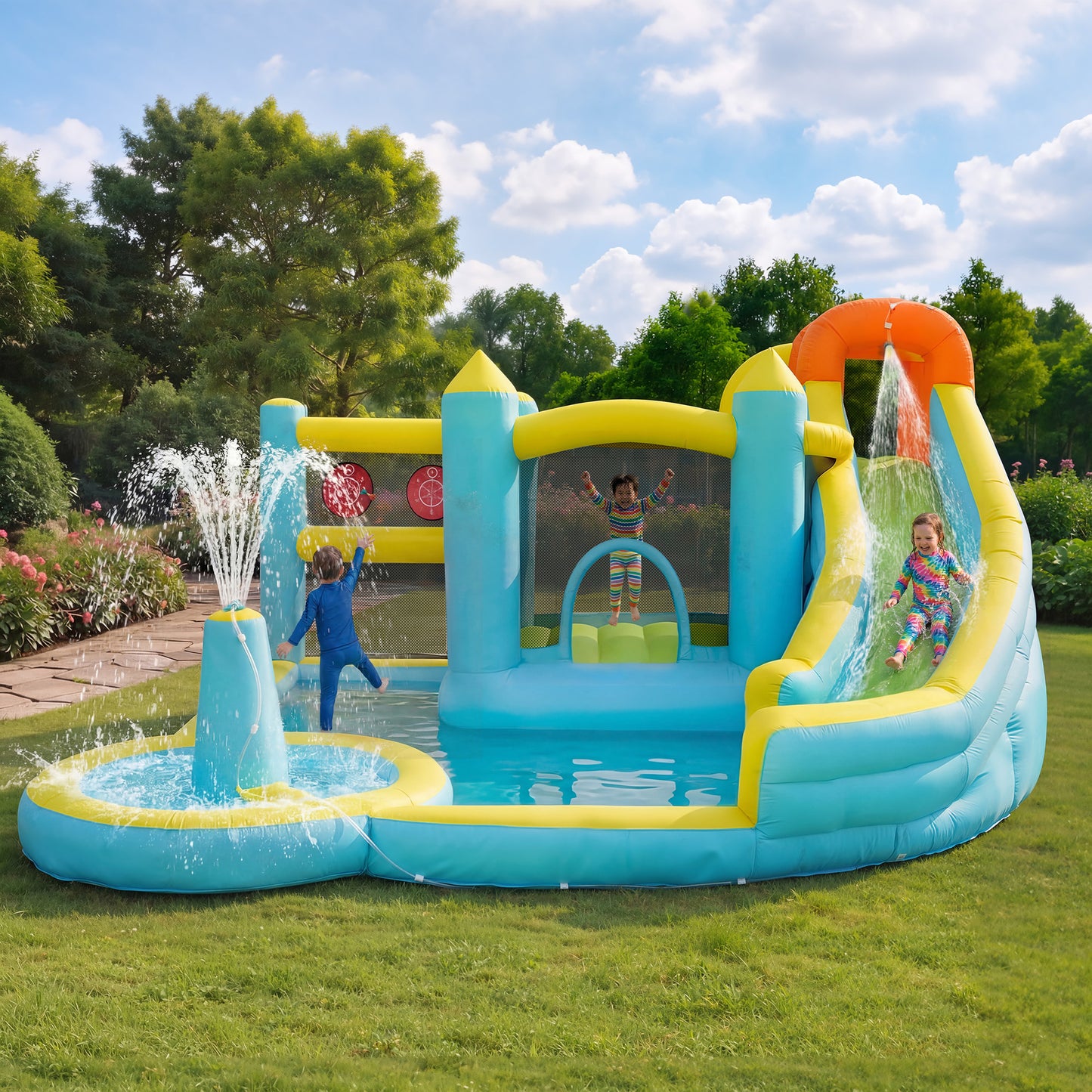 Kids Bouncy Castle Water Park Water Slide Pool Inflatable Water Play Castle Kids Outdoor Garden Water Playground, With Blower, Inflatable Size 430X390X210cm