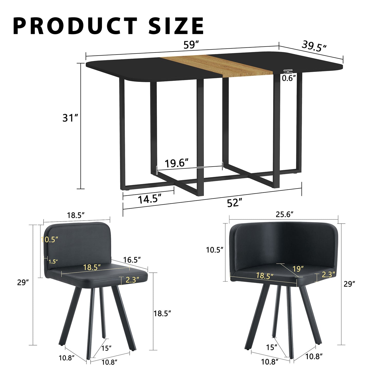 7 Piece Dining Table Set With 6 Black PU Chairs, Two-Tone Black & Wood Grain Rectangular Kitchen Table  Triamine Board , Modern Dining Room Furniture Set For Small Space, Apartment, Restaurant