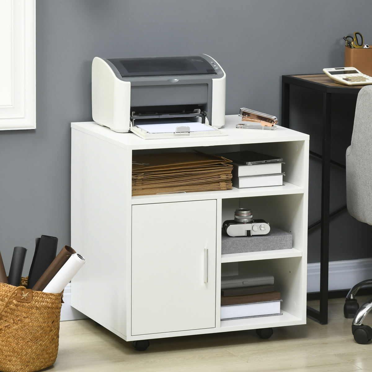 Multi-Storage Printer Stand Unit Office Desk Side Mobile Storage W Wheels Modern Style 60L X 50W X 65.5H Cm - White