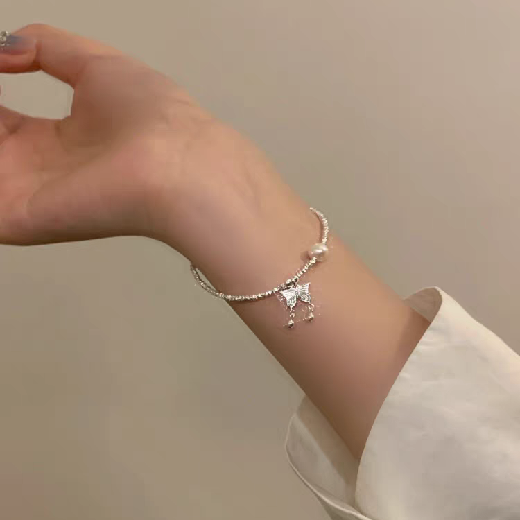 1pc 999 Sterling Silver Butterfly & Pearl Bracelet, Delicate Style, Perfect For Daily Wear And Valentine's Gift