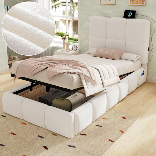 Upholstered Bed, Single Bed, Cot 90 X 200cm, Hydraulic Functional Bed, Bed With Slatted Base, Headboard, Large Storage Space And USB Charging Port, Upholstered Headboard, Boucle, Beige