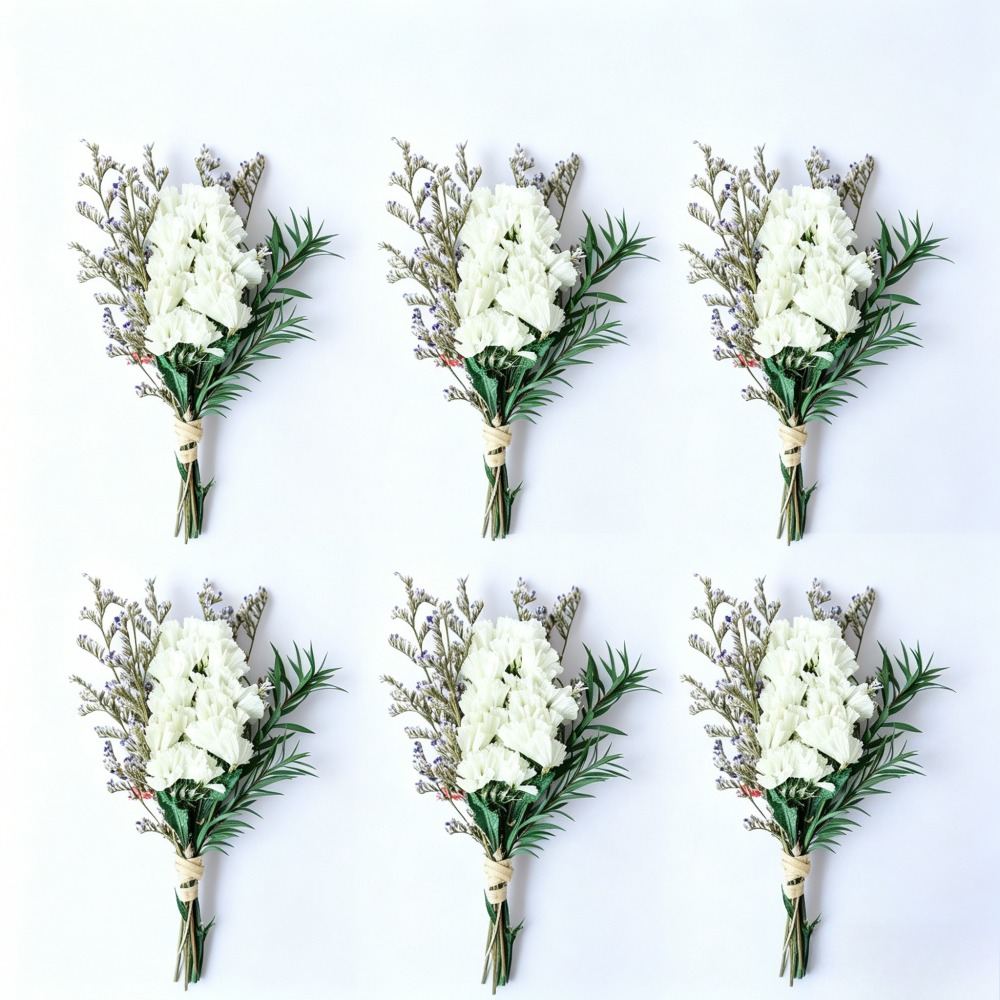 Set Of 6 White Mini Bouquets Made Of Dried Forget-me-nots, Including Love Grass And Green Leaves; Each Bouquet Is Approx. 12 Cm Long And Is Perfect For Decorating Vases, Gifts, And Much More
