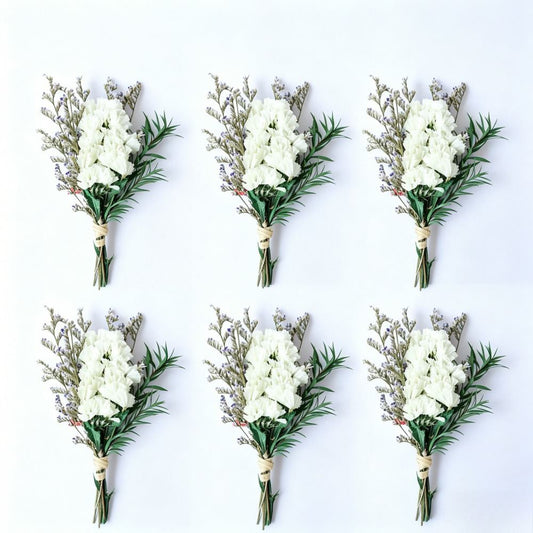 Set Of 6 White Mini Bouquets Made Of Dried Forget-me-nots, Including Love Grass And Green Leaves; Each Bouquet Is Approx. 12 Cm Long And Is Perfect For Decorating Vases, Gifts, And Much More
