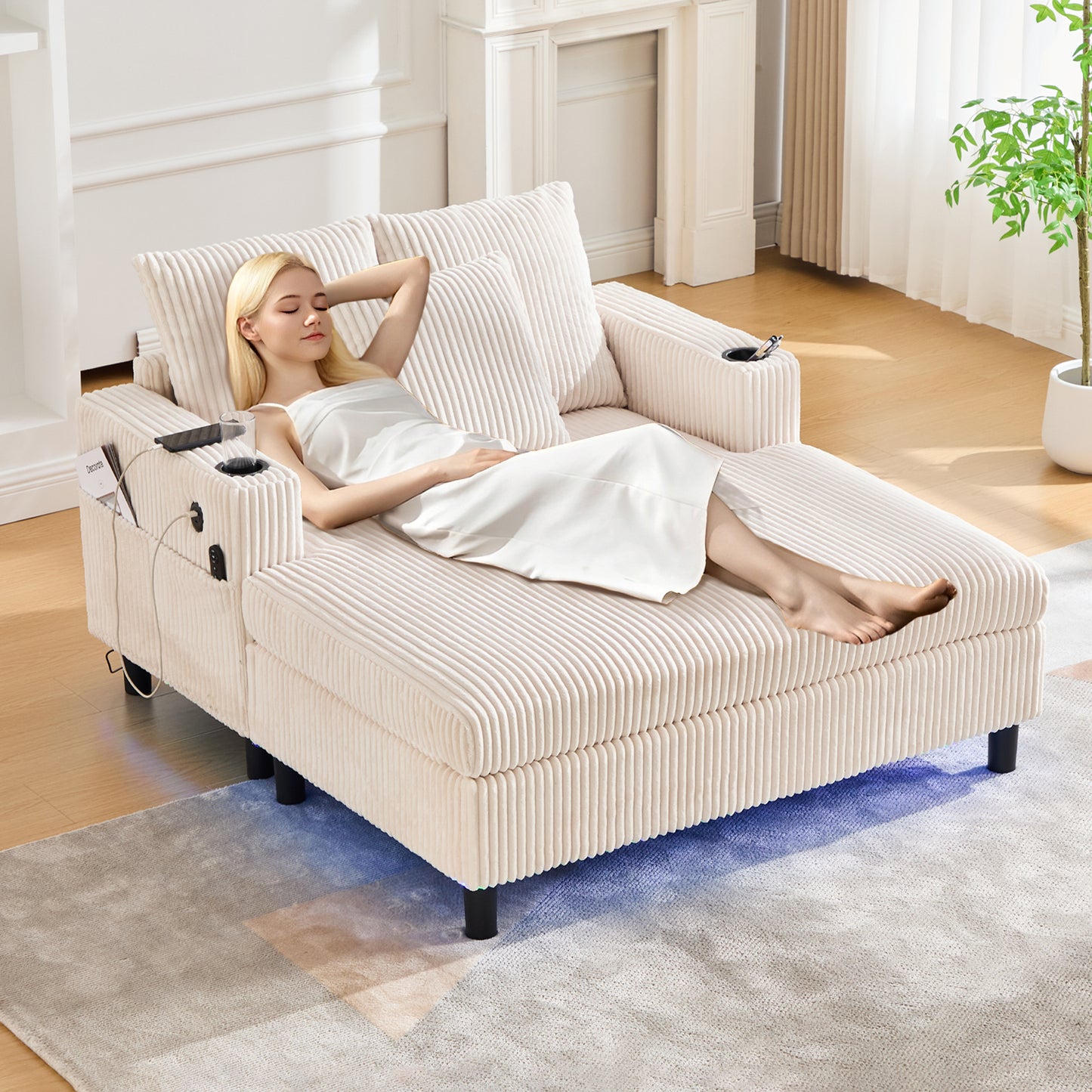 Spacious, Soft Chaise Longue Recliner With Side Cup Holders, USB Ports, Integrated LED Ambient Lighting - Perfect For Living Room, Bedroom Or Conservatory