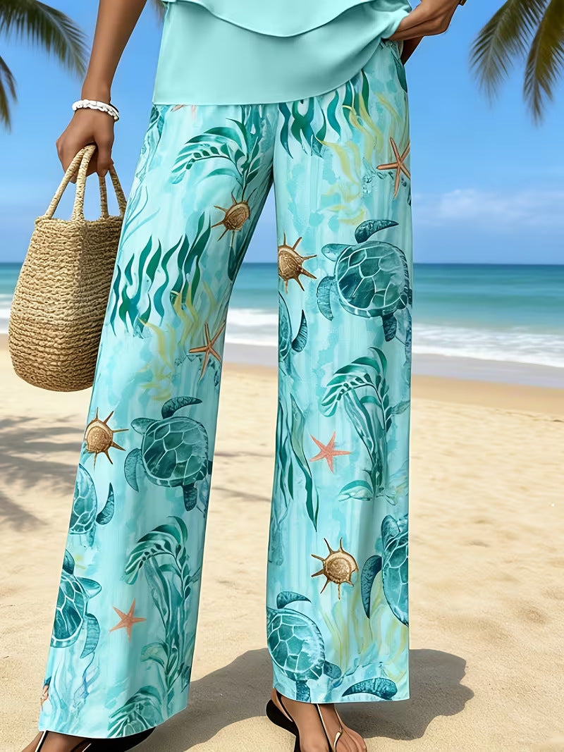 Digital-print Fashion Wide-leg Casual Pants For Island Vibes