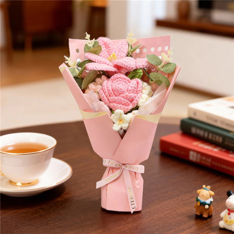 Handmade Crocheted Flower Bouquet, Pink Roses Matched With Knitted Lilies And White Tiny Flowers, Soft Yarn Everlasting Knitted Bouquet, Indoor Home Decorative Ornament