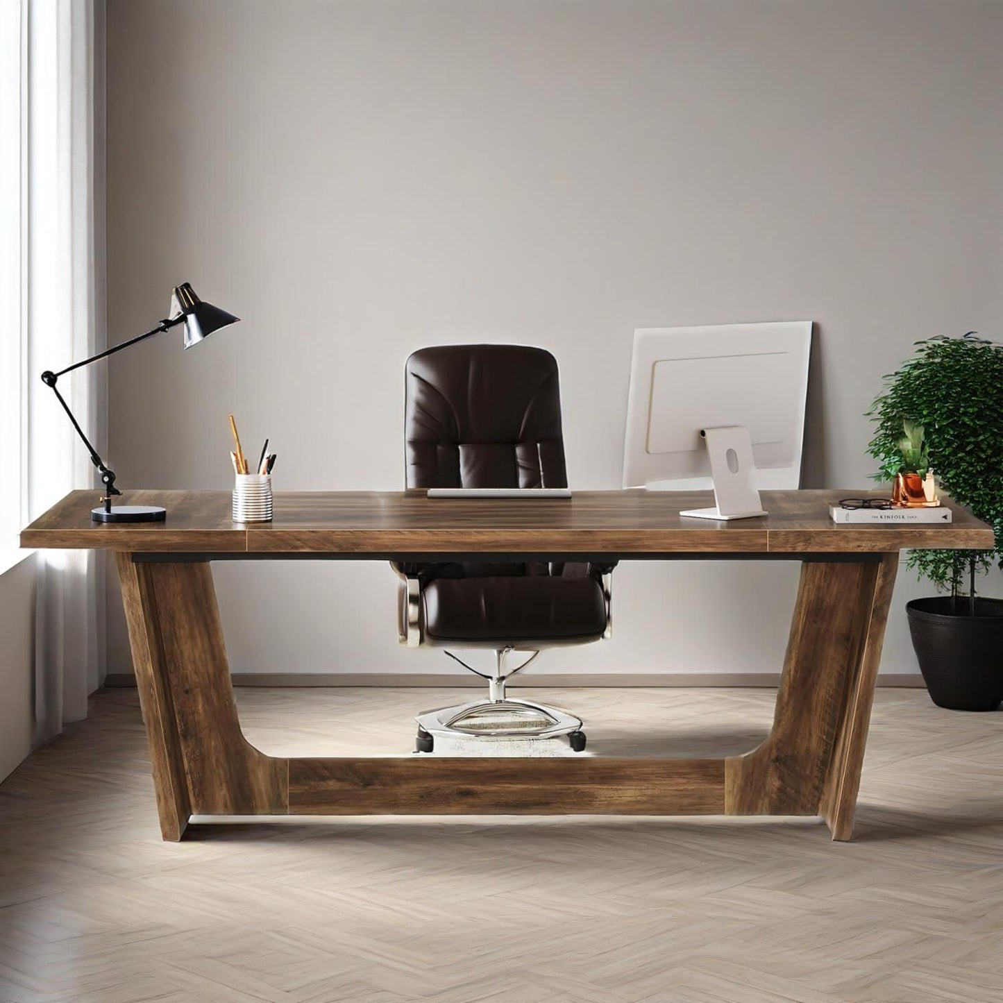 70.87-Inch Executive Computer Desk: Large Home Office Desk With Solid Wooden Pedestal, Industrial Wood Study Writing Table