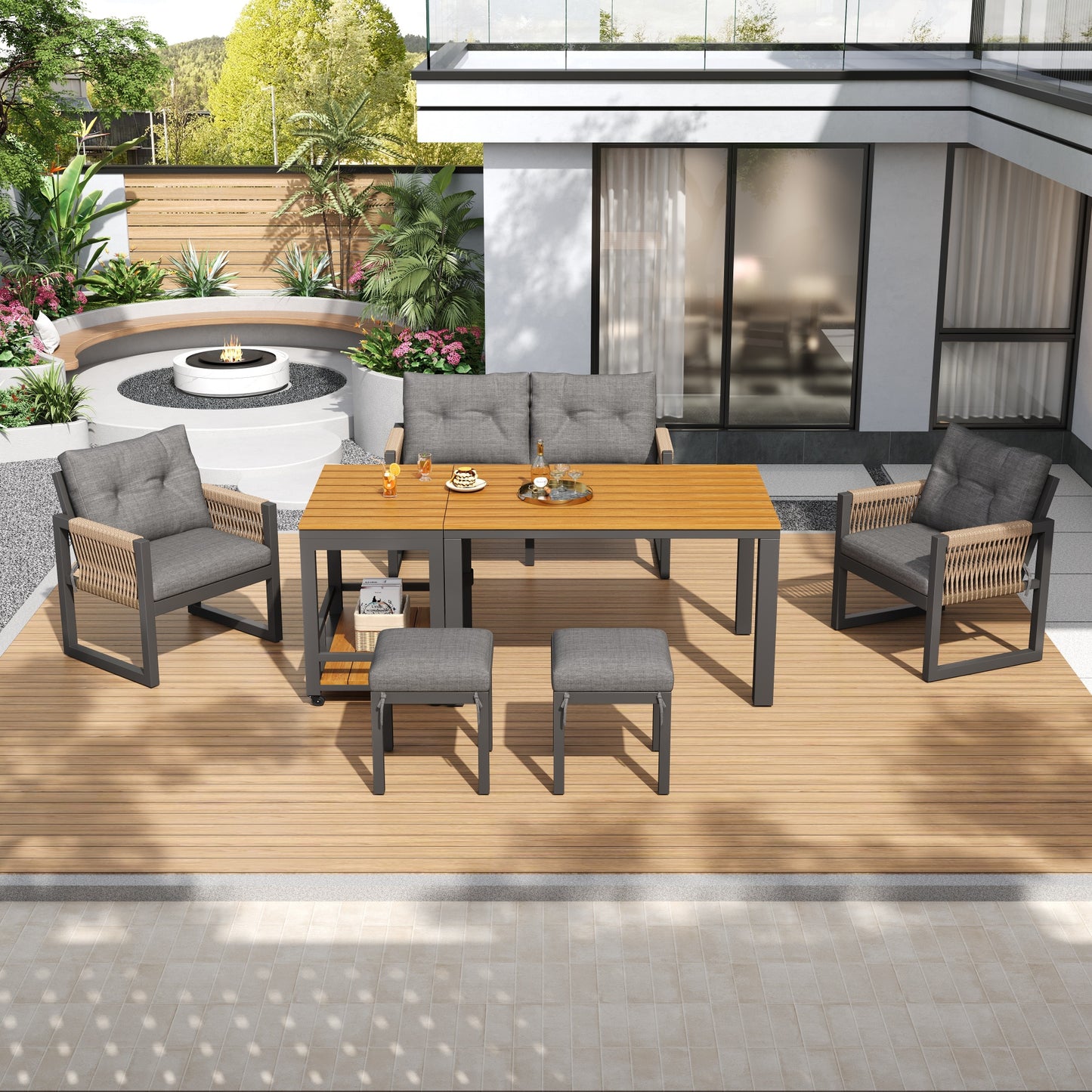 Modern Outdoor Sofa Set , Multi-Person Leisure And Meeting Set , Iron Frame , Braided Armrests , Seat Cushion Included , Multifunctional Table