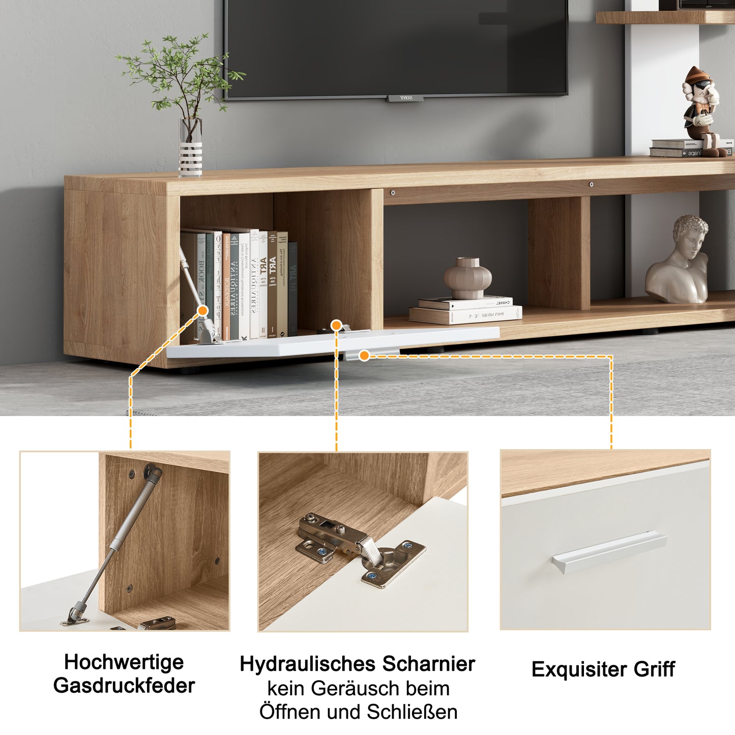 Home Living Room Wall Unit, Living Room Furniture Set 180 X 33.5 X 151.5 Cm, Suitable For TVs Under 60 Inches, Modern Oak White TV Cabinet, Lowboard, TV Wall Unit Set, Living Room Furniture Set