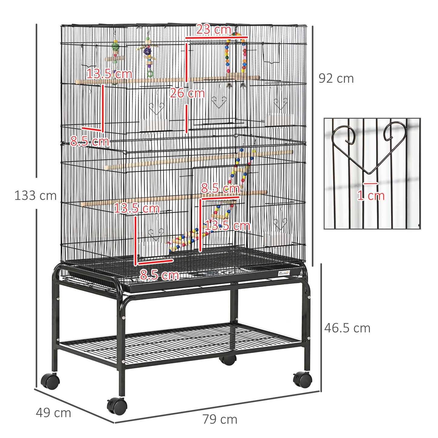 PawHut Large Bird Cage Budgie Cage With Stand, Toys, Wheels, Accessories, Storage Shelf For Canaries, Finches, Lovebirds, Parakeets - Black, 79 X 49 X 133 Cm